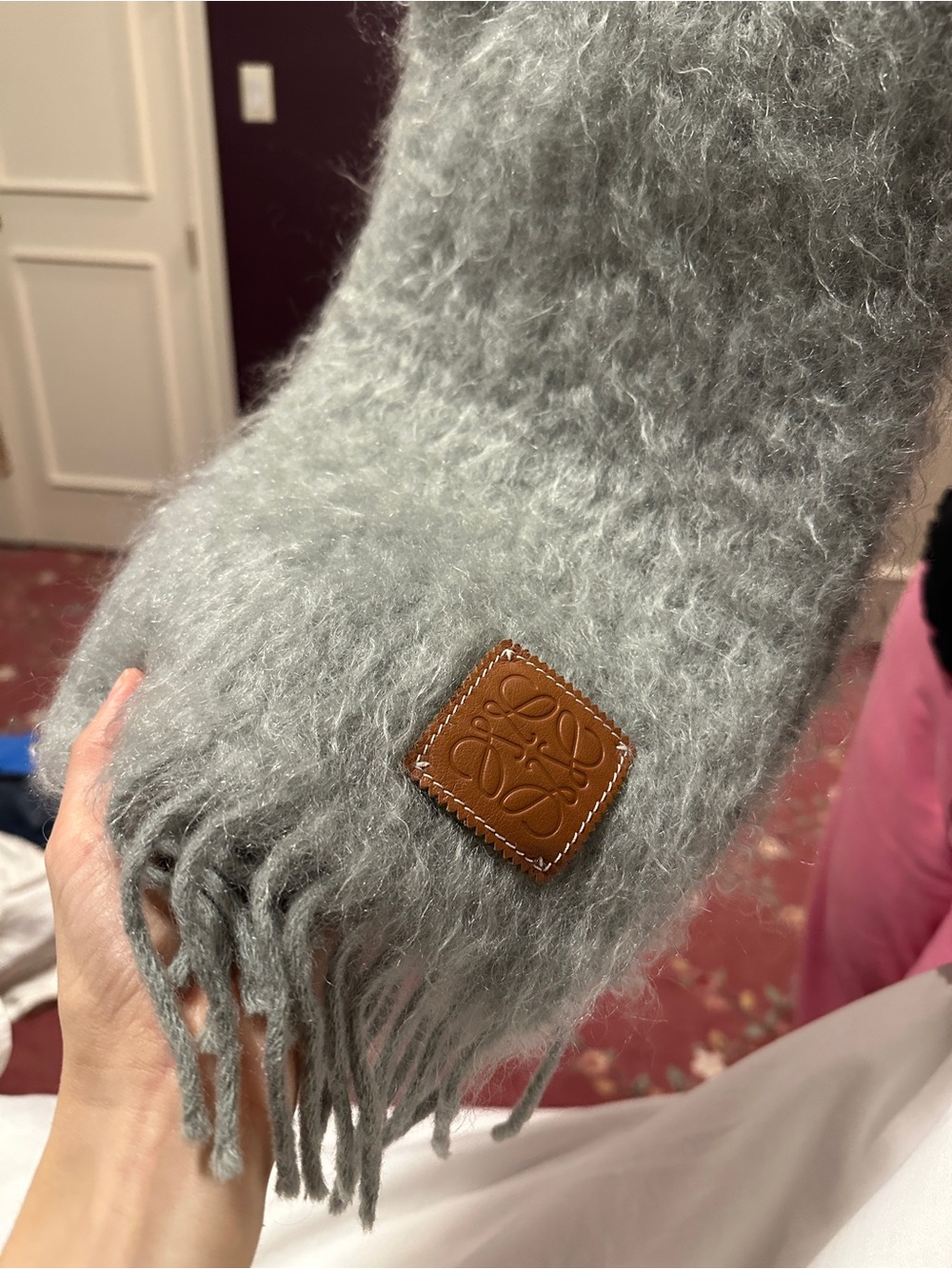 Loewe Grey Mohair Fringe Scarf with Tan Leather Logo Patch